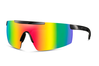 Simple cykelbriller i rødt gradient glas og sort stel set fra siden