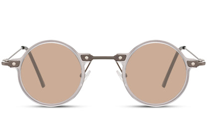 Små runde solbriller til udklædning med brune glas og tyndt stel set fra fronten