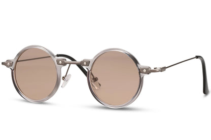 Små runde solbriller til udklædning med brune glas og tyndt stel set fra siden