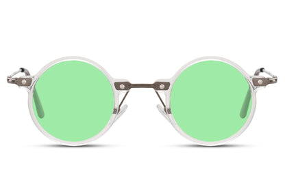 Små runde solbriller til udklædning med grønne glas og tyndt hvidt stel set fra fronten