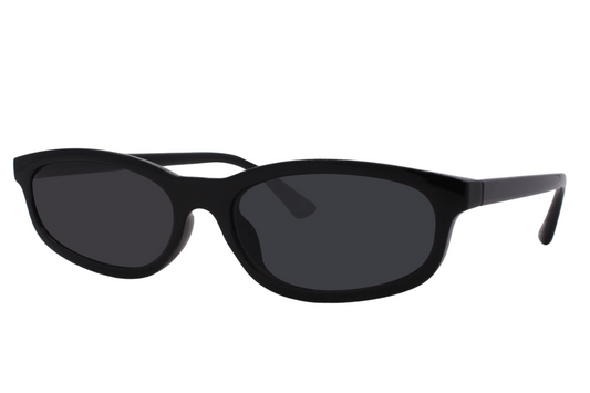 Smalle, aflange hurtigbriller i sort stel og sorte glas