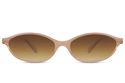 Smalle hurtigbriller med brune glas og brunt stel set fra fronten