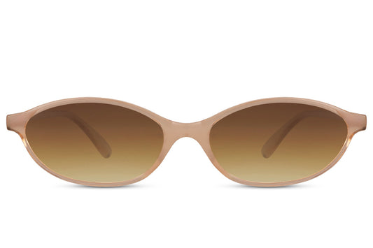 Smalle hurtigbriller med brune glas og brunt stel set fra fronten