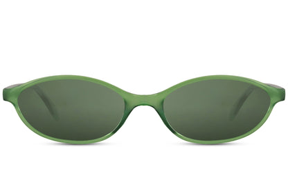 Smalle hurtigbriller med grønne glas og grønt stel set fra fronten