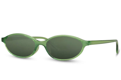 Smalle hurtigbriller med grønne glas og grønt stel set fra siden