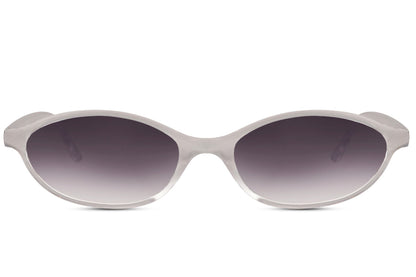 Smalle hurtigbriller med lilla glas og gråt stel set fra fronten