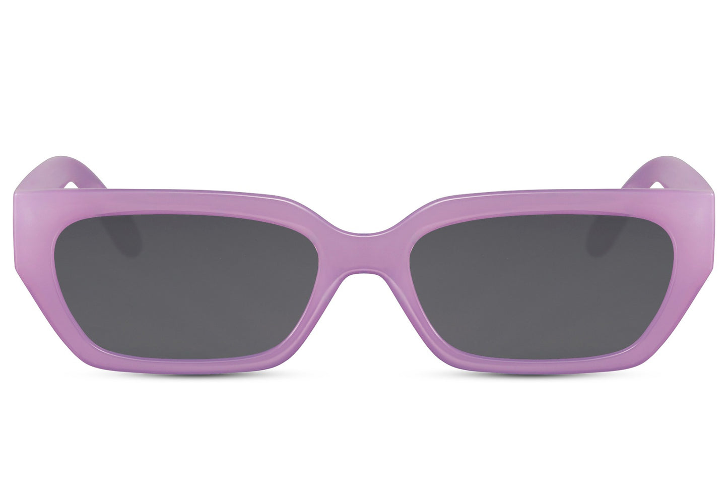 Smalle kantede hurtigbriller i lilla stel set fra fronten
