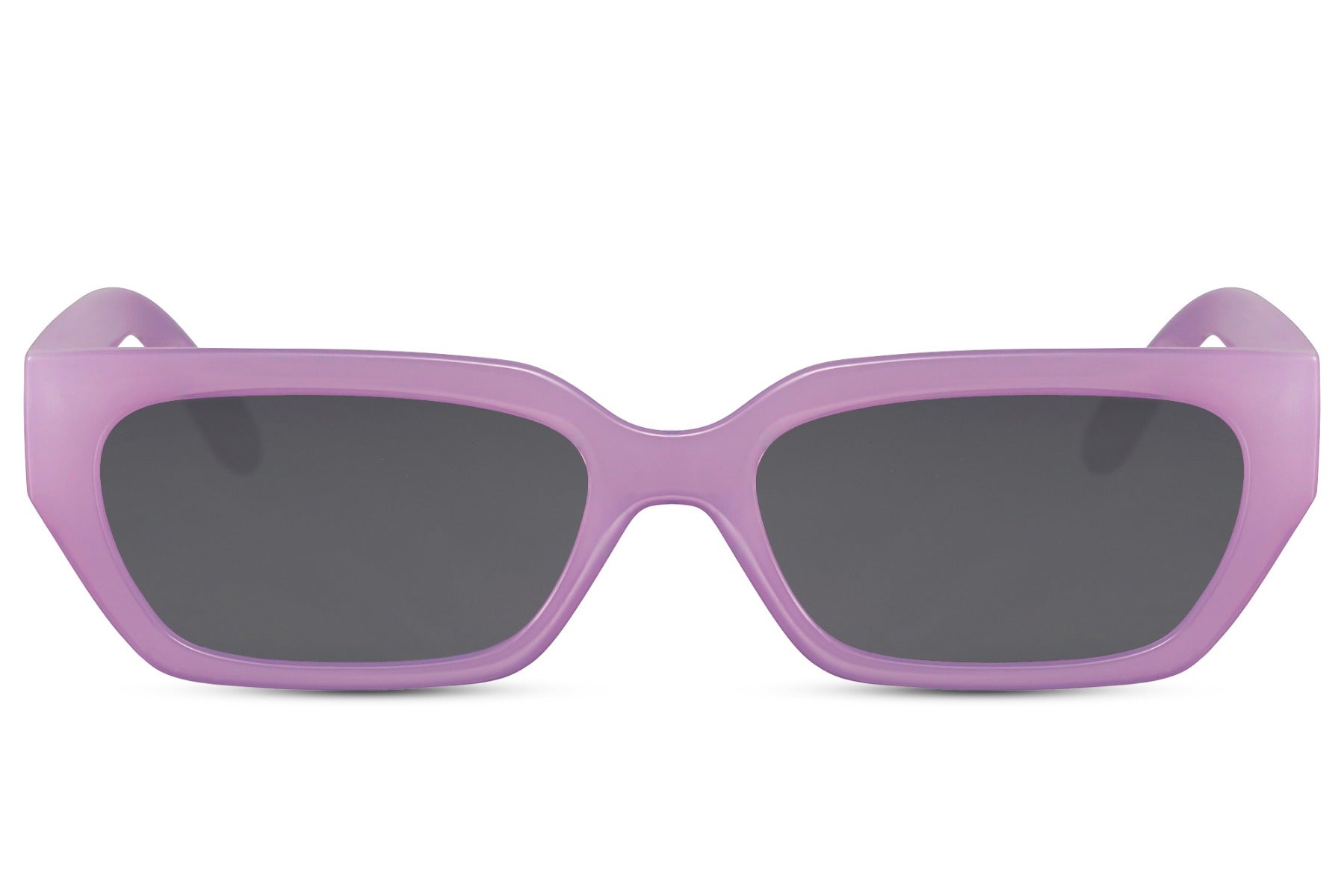 Smalle kantede hurtigbriller i lilla stel set fra fronten