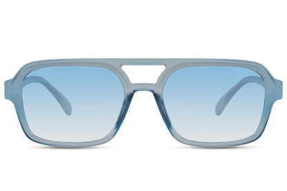 Solbriller med dobbelt bro i blå glas og blåt stel set fra fronten