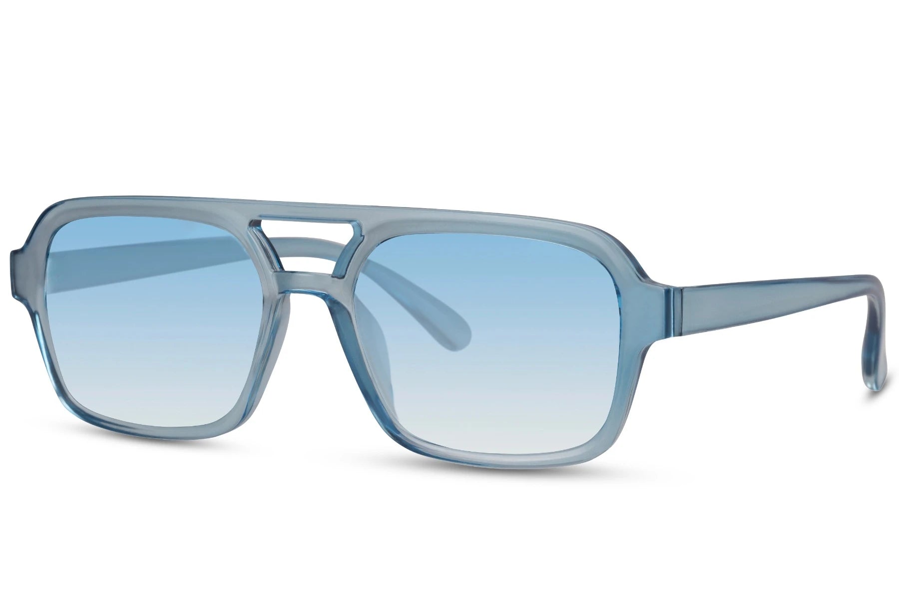 Solbriller med dobbelt bro i blå glas og blåt stel set fra siden