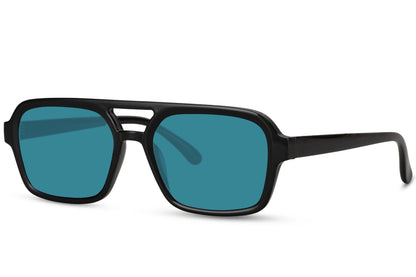 Solbriller med dobbelt bro i blå glas og sort stel set fra siden