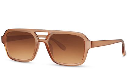 Solbriller med dobbelt bro i brune glas og brunt stel set fra siden