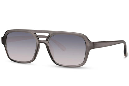 Solbriller med dobbelt bro i grå glas og gråt stel set fra siden