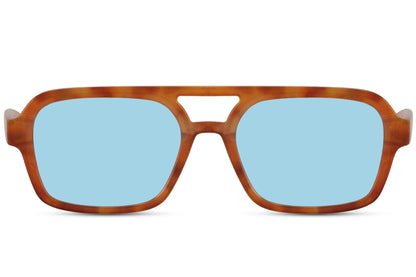 Solbriller med dobbelt bro i blå glas og leopard stel set fra fronten