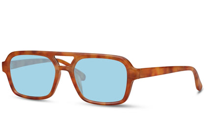 Solbriller med dobbelt bro i blå glas og leopard stel set fra siden