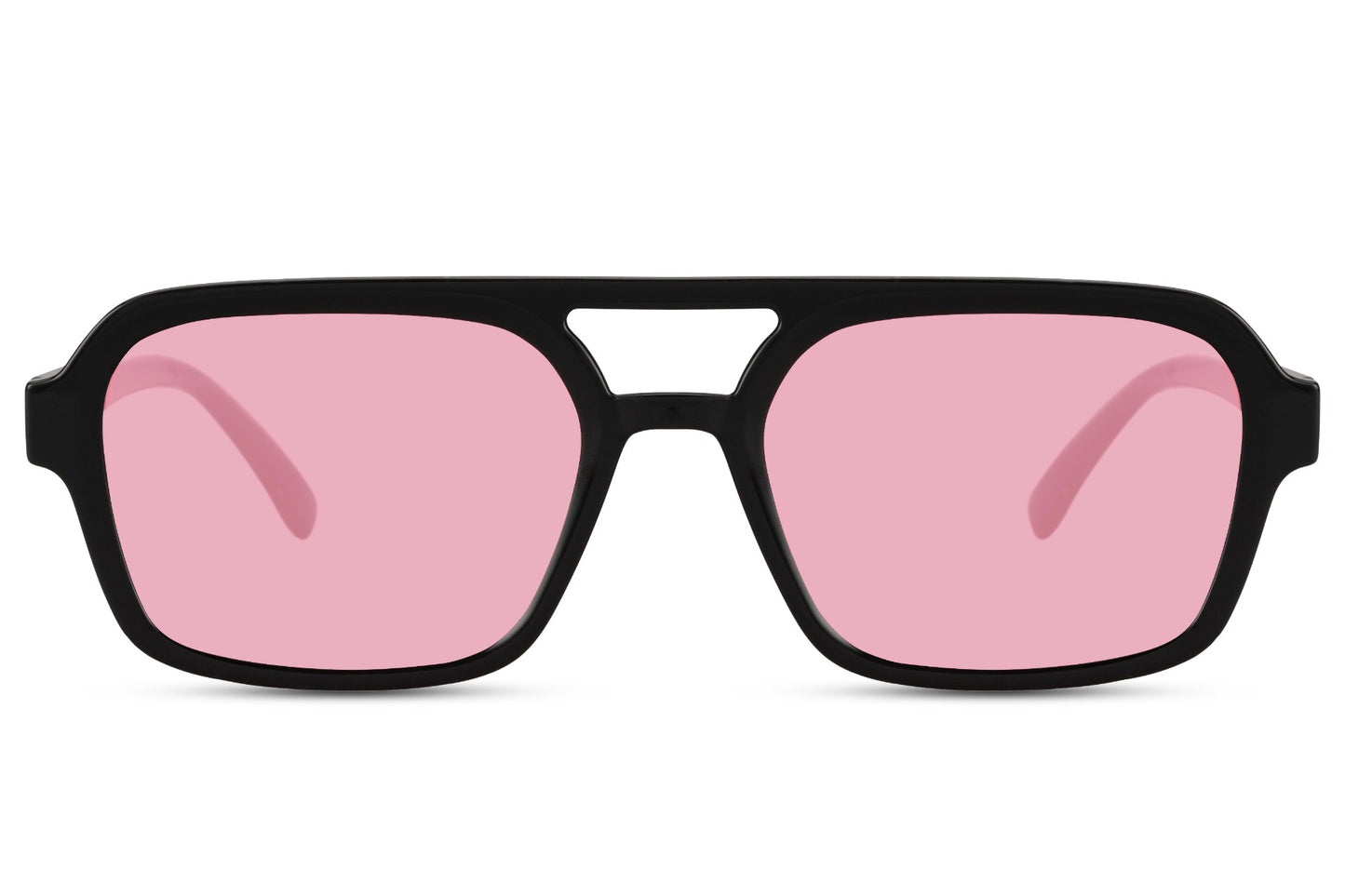 Solbriller med dobbelt bro i pink glas og sort stel set fra fronten