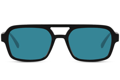 Solbriller med dobbelt bro i blå glas og sort stel set fra fronten