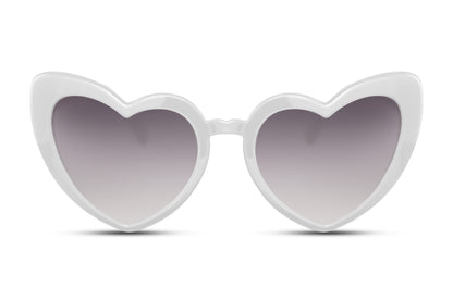 Spidse hjerte briller med grå glas og hvidt stel set fra fronten