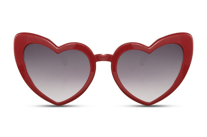 Spidse hjerte briller med grå glas og rødt stel set fra fronten