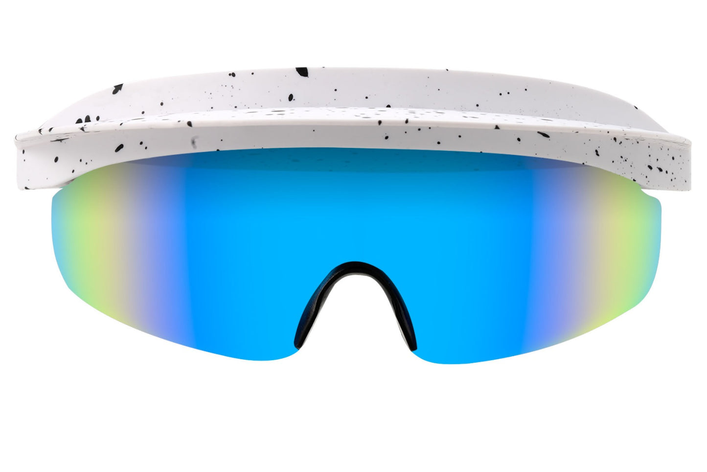 Sportsbriller med cap i blå og grøn regnbue glas set fra fronten