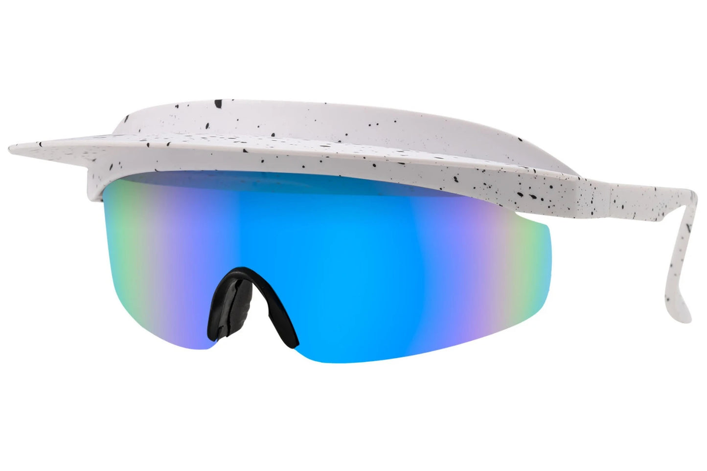 Sportsbriller med cap i blå og grøn regnbue glas set fra siden