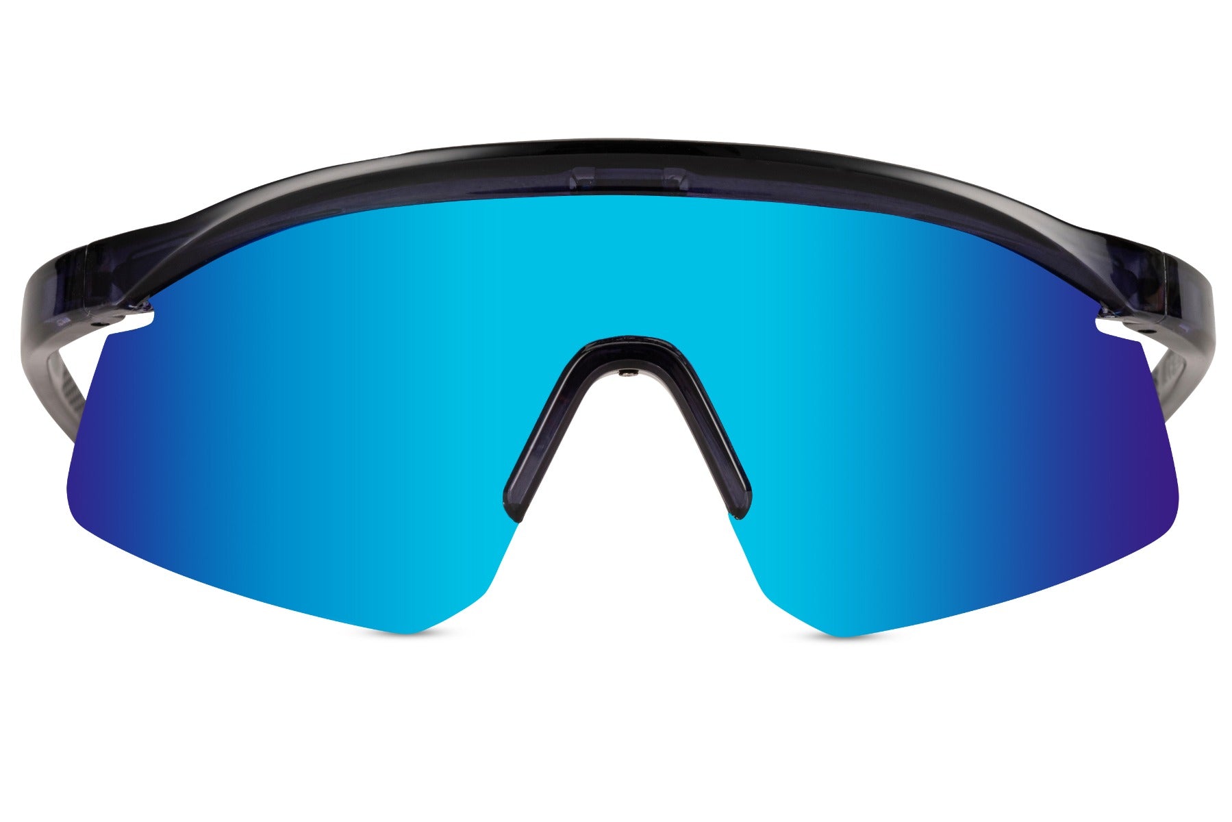 Bøjede sportsbriller til cykling og løb med spids kant og blå glas set fra fronten