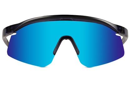 Bøjede sportsbriller til cykling og løb med spids kant og blå glas set fra fronten