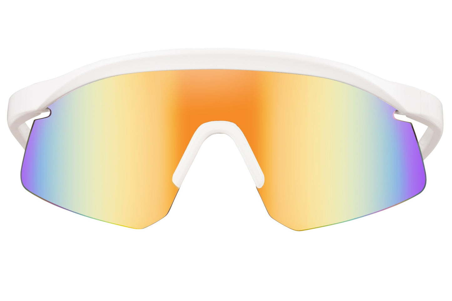 Bøjede sportsbriller til cykling og løb med spids kant og gule glas set fra fronten