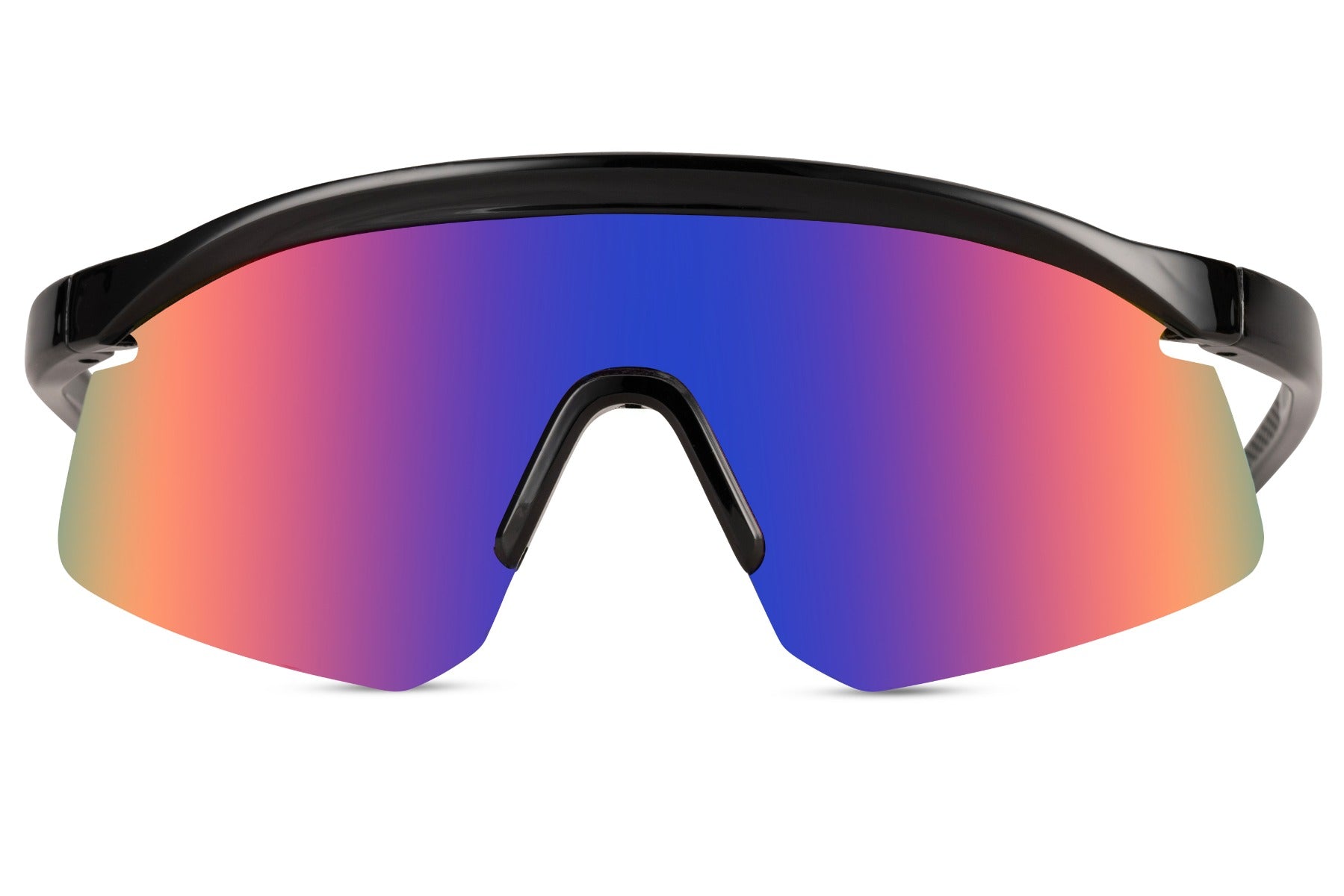 Bøjede sportsbriller til cykling og løb med spids kant og lilla glas set fra fronten