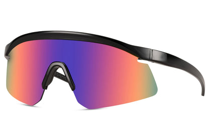 Bøjede sportsbriller til cykling og løb med spids kant og lilla glas set fra siden