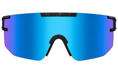 Store cykelbriller med brede blå og lilla glas set fra fronten