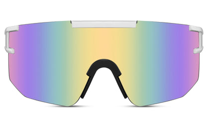 Store cykelbriller med brede grønne og lilla glas set fra fronten