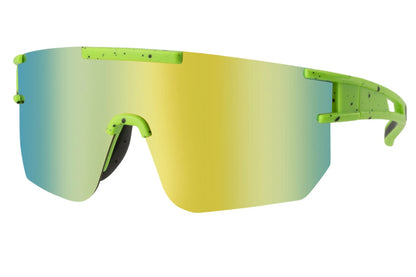 Store cykelbriller med brede gule og grønne glas set fra siden