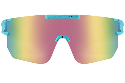 Store cykelbriller med brede lilla og gule glas set fra fronten