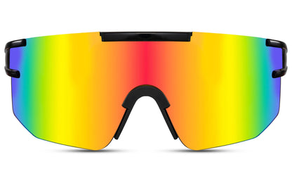 Store cykelbriller med brede røde og gule glas set fra fronten