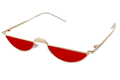 Super smalle hurtigbriller med halvt glas i rød med guld stel set fra siden