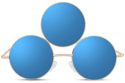 Treøjet solbriller med tre glas i blå og guld stel set fra fronten
