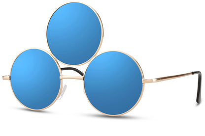 Treøjet solbriller med tre glas i blå og guld stel set fra siden