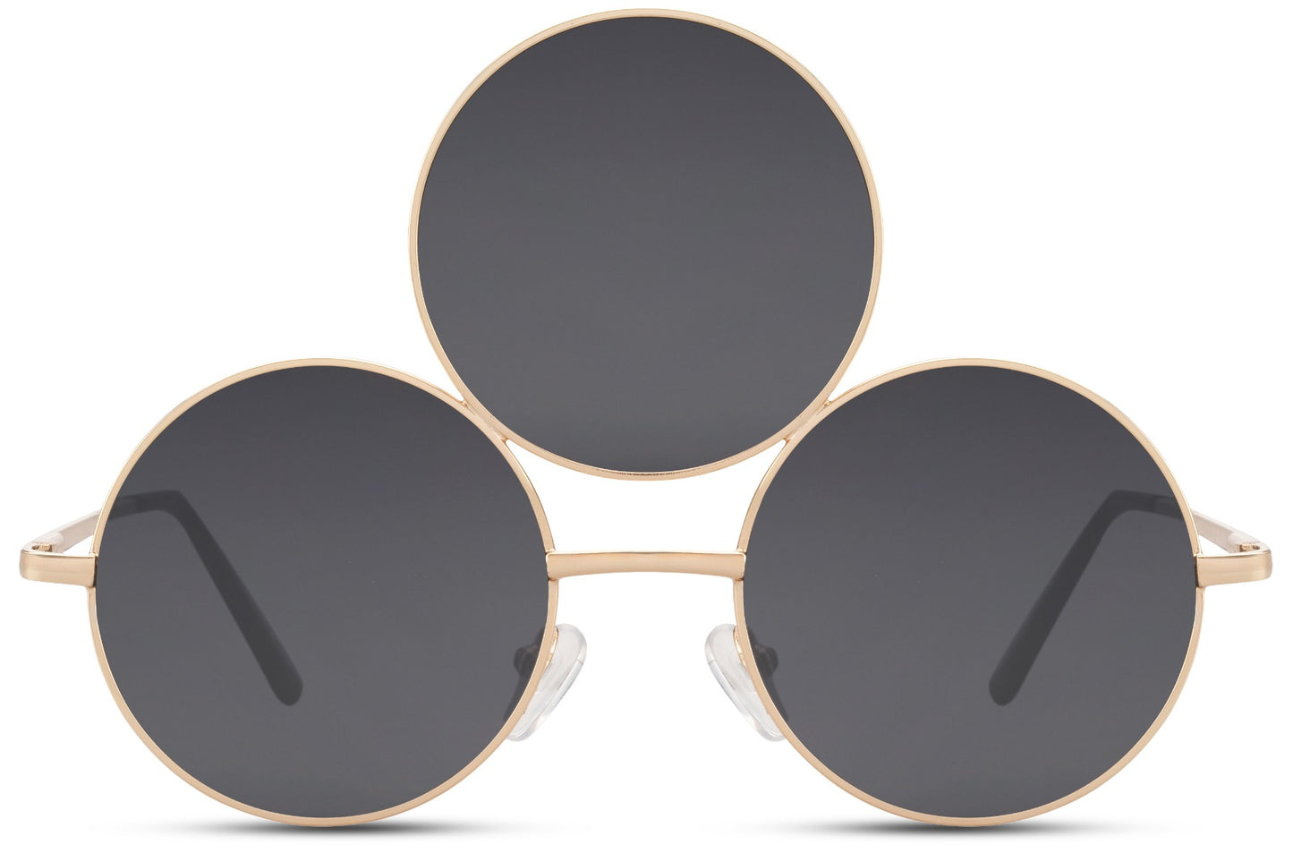 Treøjet solbriller med tre glas i grå og guld stel set fra fronten