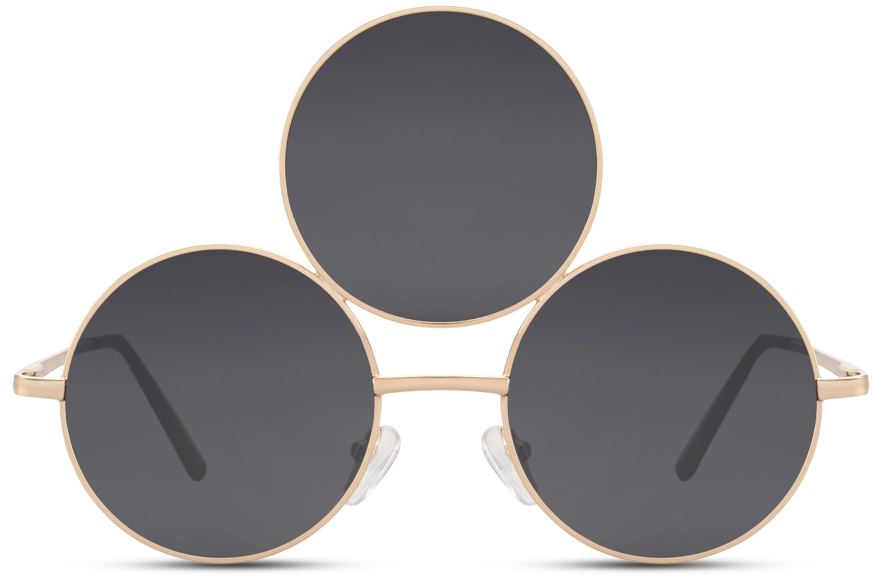Treøjet solbriller med tre glas i grå og guld stel set fra fronten