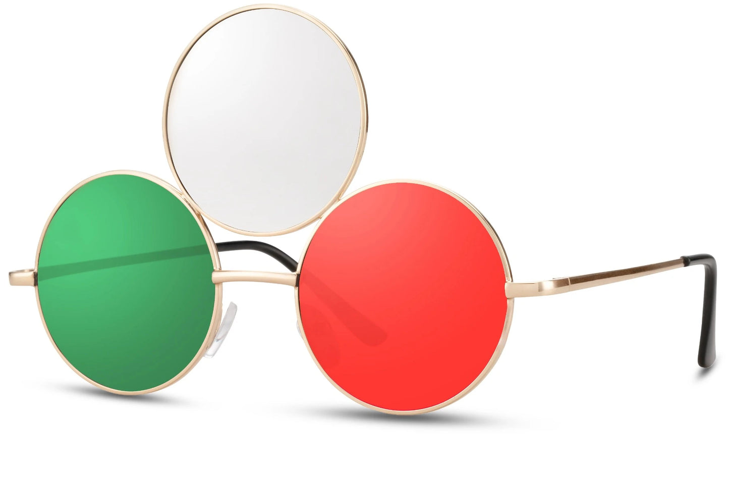 Treøjet solbriller med tre glas i hvid, grøn og rød og guld stel set fra siden