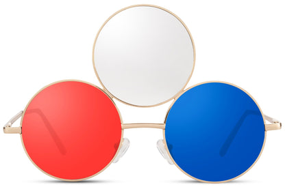 Treøjet solbriller med tre glas i hvid, rød og blå og guld stel set fra fronten