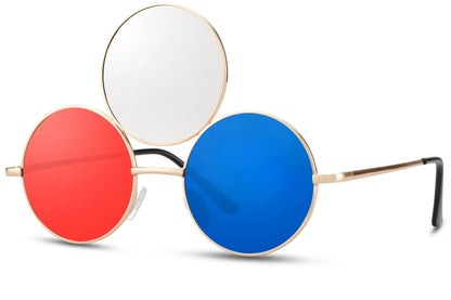 Treøjet solbriller med tre glas i hvid, rød og blå og guld stel set fra siden