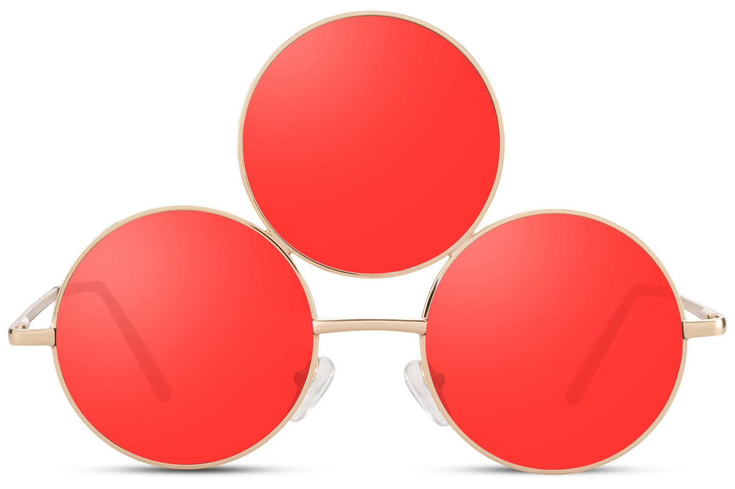 Treøjet solbriller med tre glas i røde og guld stel set fra fronten