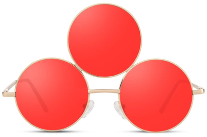 Treøjet solbriller med tre glas i røde og guld stel set fra fronten