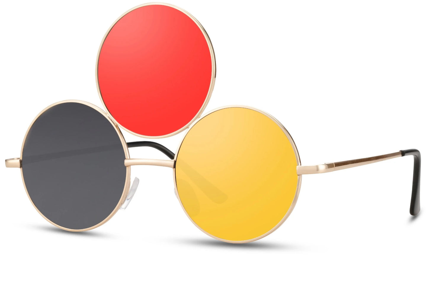 Treøjet solbriller med tre glas i rød, grå og gul og guld stel set fra siden