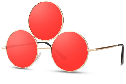 Treøjet solbriller med tre glas i rød og guld stel set fra siden
