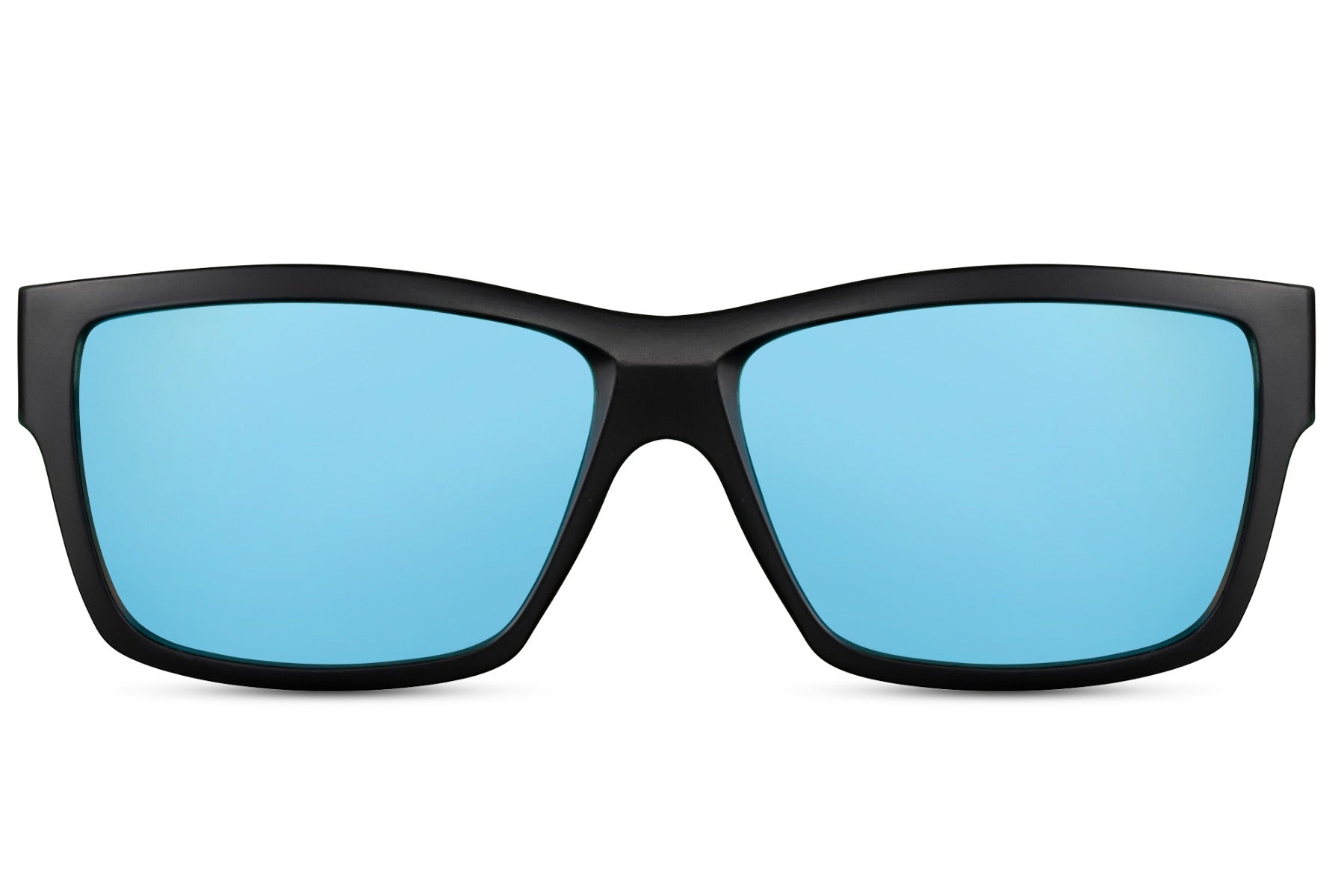 Wayfarer hurtige solbriller i blå glas og sort stel set fra fronten