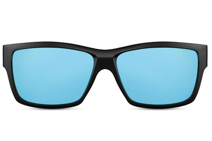 Wayfarer hurtige solbriller i blå glas og sort stel set fra fronten