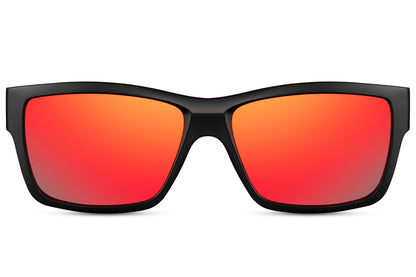 Wayfarer hurtige solbriller i røde glas og sort stel set fra fronten